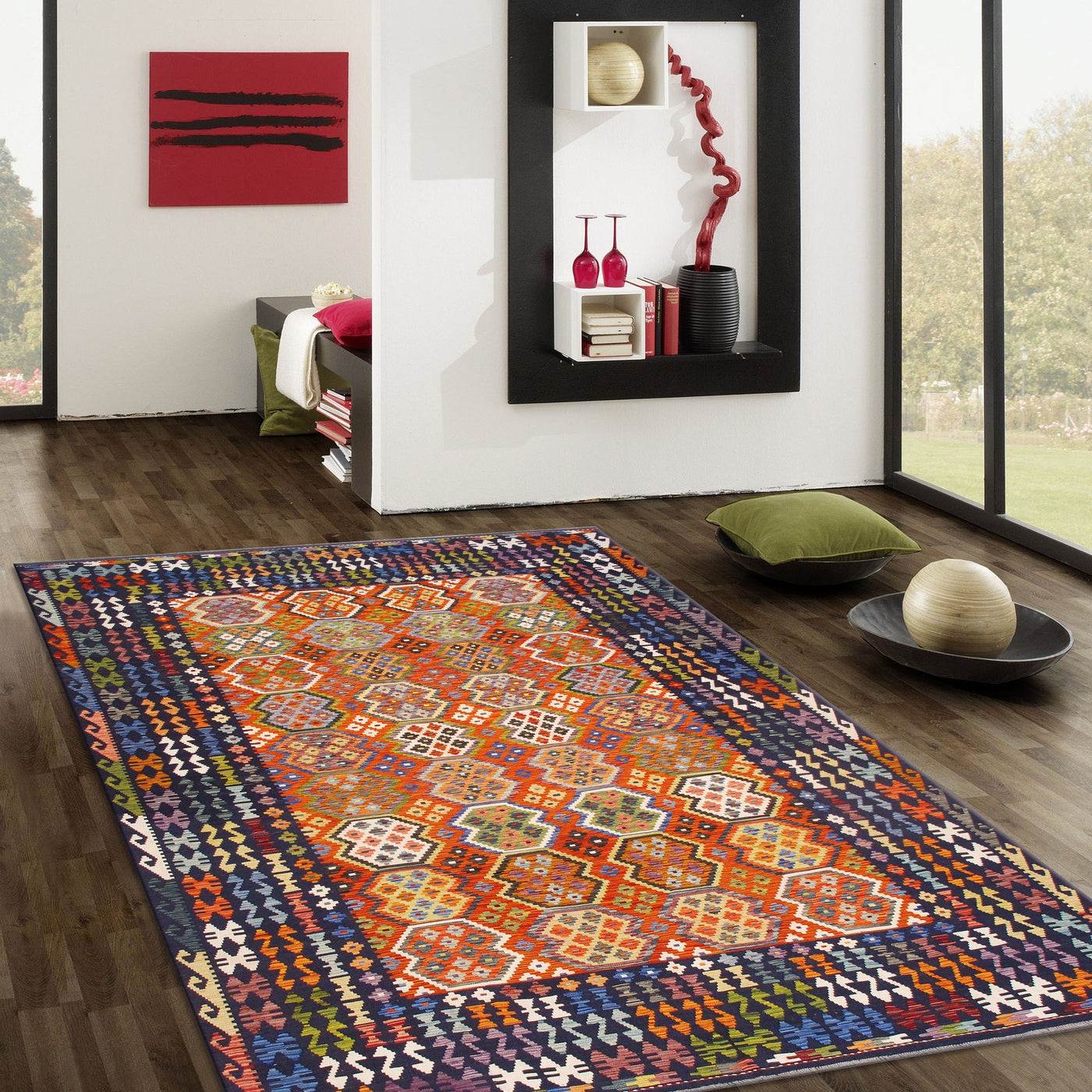 Canvello Kilim Collection Reversible Wool Multicolor Area Rug- 8'4'' X 11'11''