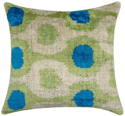 Vibrant 16x16 Handmade Ikat Silk Velvet Pillow with Premium Down Feather Insert by Canvello – Lively Green and Blue Hues - Canvello