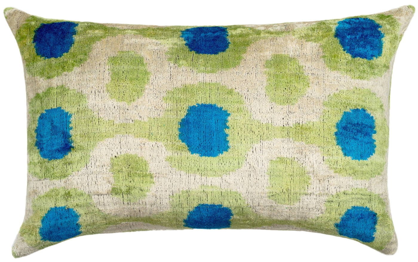 Vibrant 16x24 Handmade Ikat Silk Velvet Pillow with Premium Down Feather Insert by Canvello – Lively Green and Blue Hues - Canvello