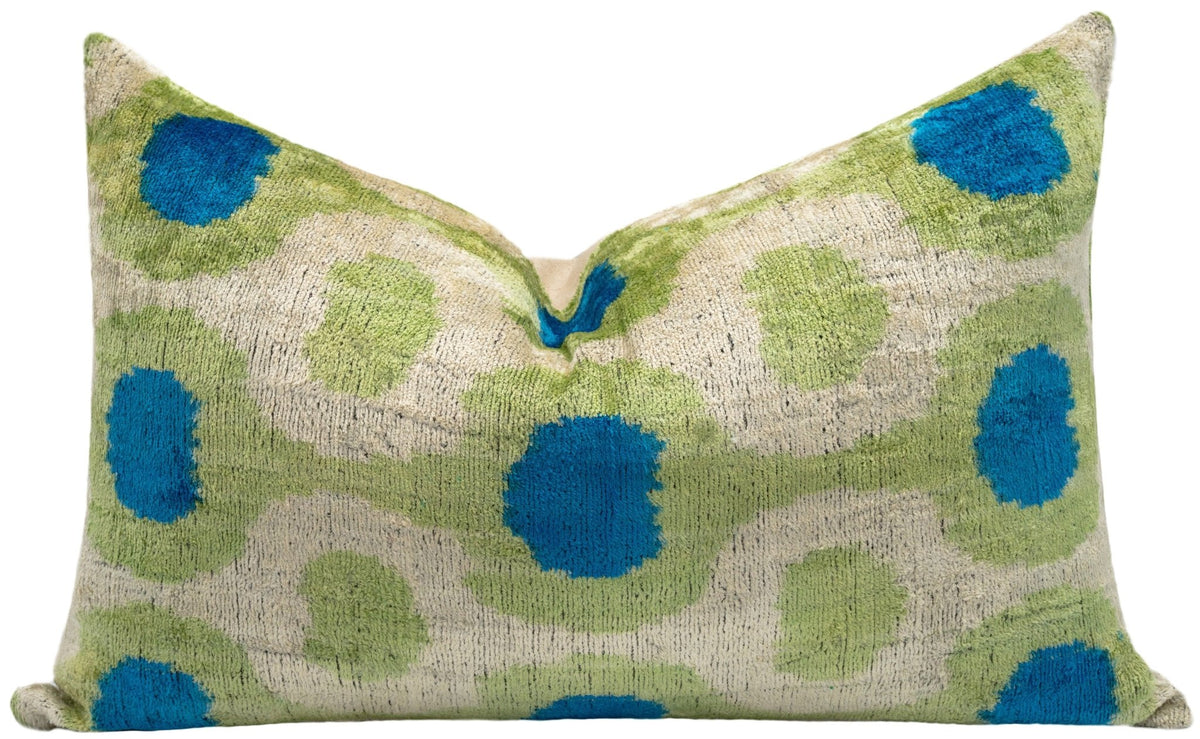 Vibrant 16x24 Handmade Ikat Silk Velvet Pillow with Premium Down Feather Insert by Canvello – Lively Green and Blue Hues